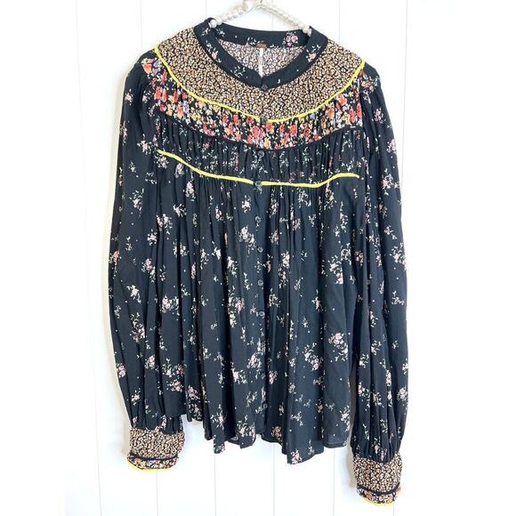 Free People Paloma Printed Blouse Black Floral Size Large - Picture 1 of 10